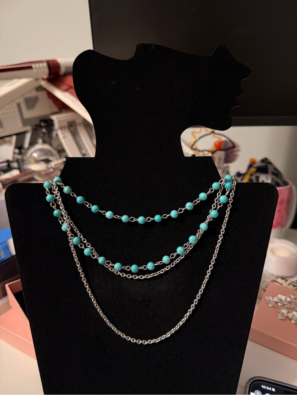 Triple Strand Turquoise Bead and Silver Chain Necklace - Women's Jewelry